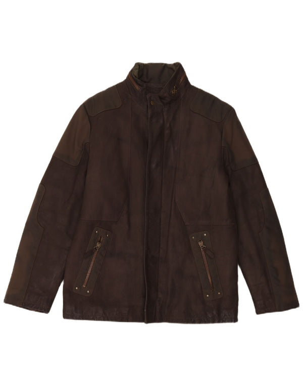 Jaqueta de couro masculina vintage com capuz IT 52 grande marrom