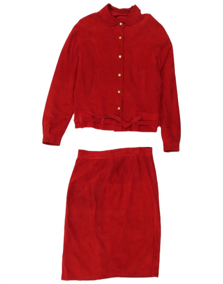 Conjunto de saia feminina de camurça VINTAGE de 2 peças Reino Unido 14 médio W30 couro vermelho