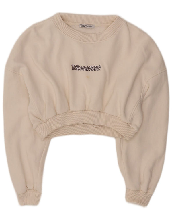 Moletom feminino Zara Crop Graphic Jumper Reino Unido 10 pequeno algodão branco
