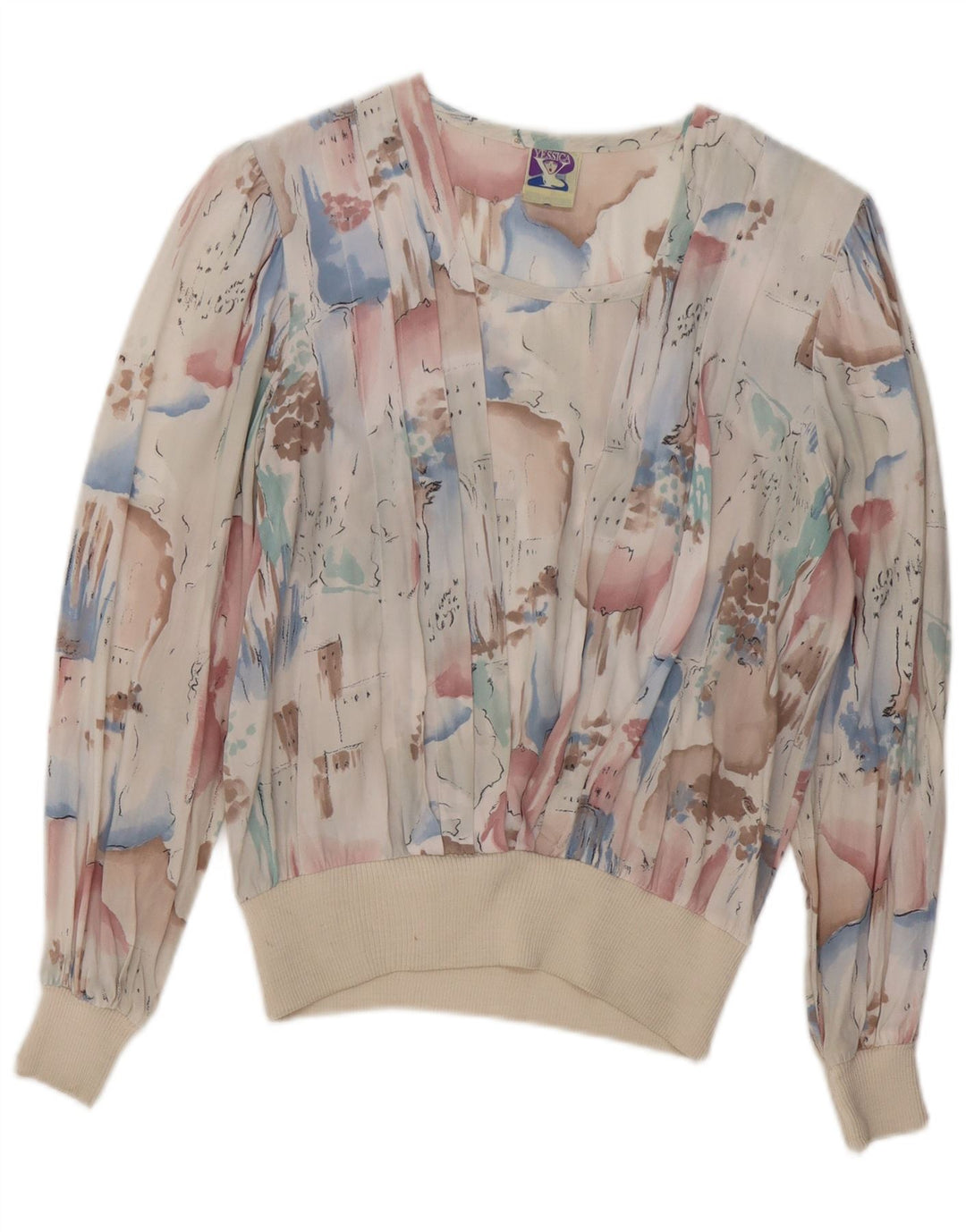 Blusa feminina C&A com estampa abstrata de manga comprida UK 14 médio branco