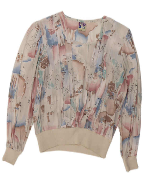 Blusa feminina C&A com estampa abstrata de manga comprida UK 14 médio branco