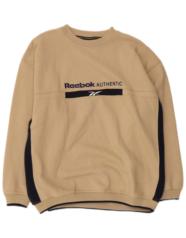 REEBOK Mens Graphic Sweatshirt Jumper Large Beige Colourblock Cotton