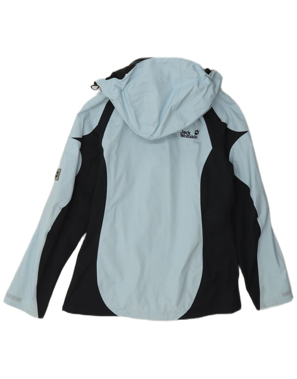 Jaqueta de chuva feminina com capuz Jack Wolfskin Reino Unido 10 bloco colorido azul pequeno