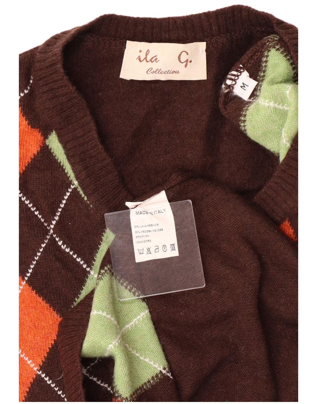 Suéter feminino VINTAGE com decote em V Reino Unido 12 marrom médio Argyle/Diamante