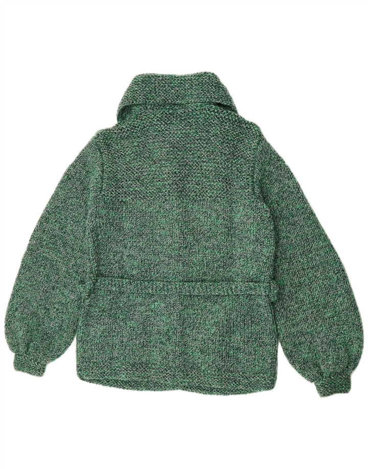 Suéter cardigã feminino vintage Reino Unido 14 verde médio manchado
