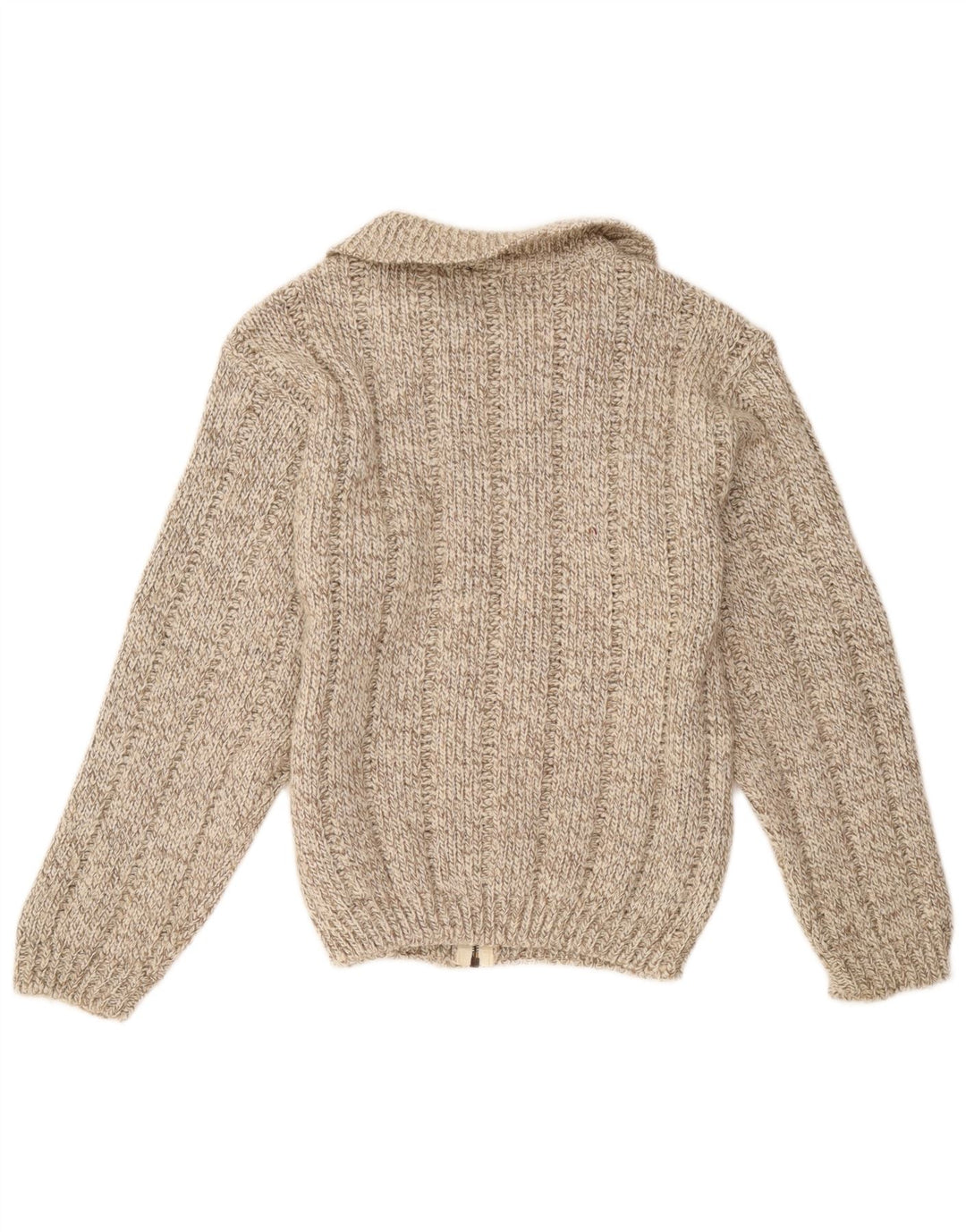 Suéter cardigã feminino vintage Reino Unido 14 lã manchada marrom médio