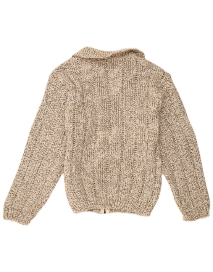 Suéter cardigã feminino vintage Reino Unido 14 lã manchada marrom médio
