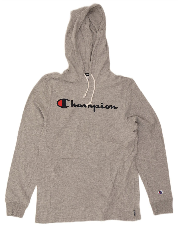 Jumper masculino com capuz gráfico Champion algodão manchado cinza médio