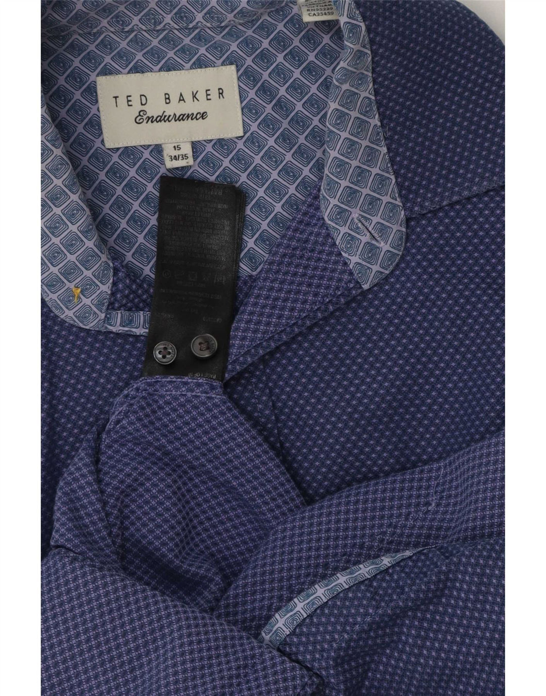 Camisa masculina Ted Baker tamanho 15 algodão manchado azul marinho médio