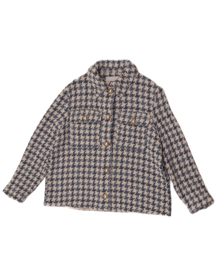 Jaqueta blazer feminina Zara manga 3/4 com 5 botões Reino Unido 10 pequeno azul houndstooth