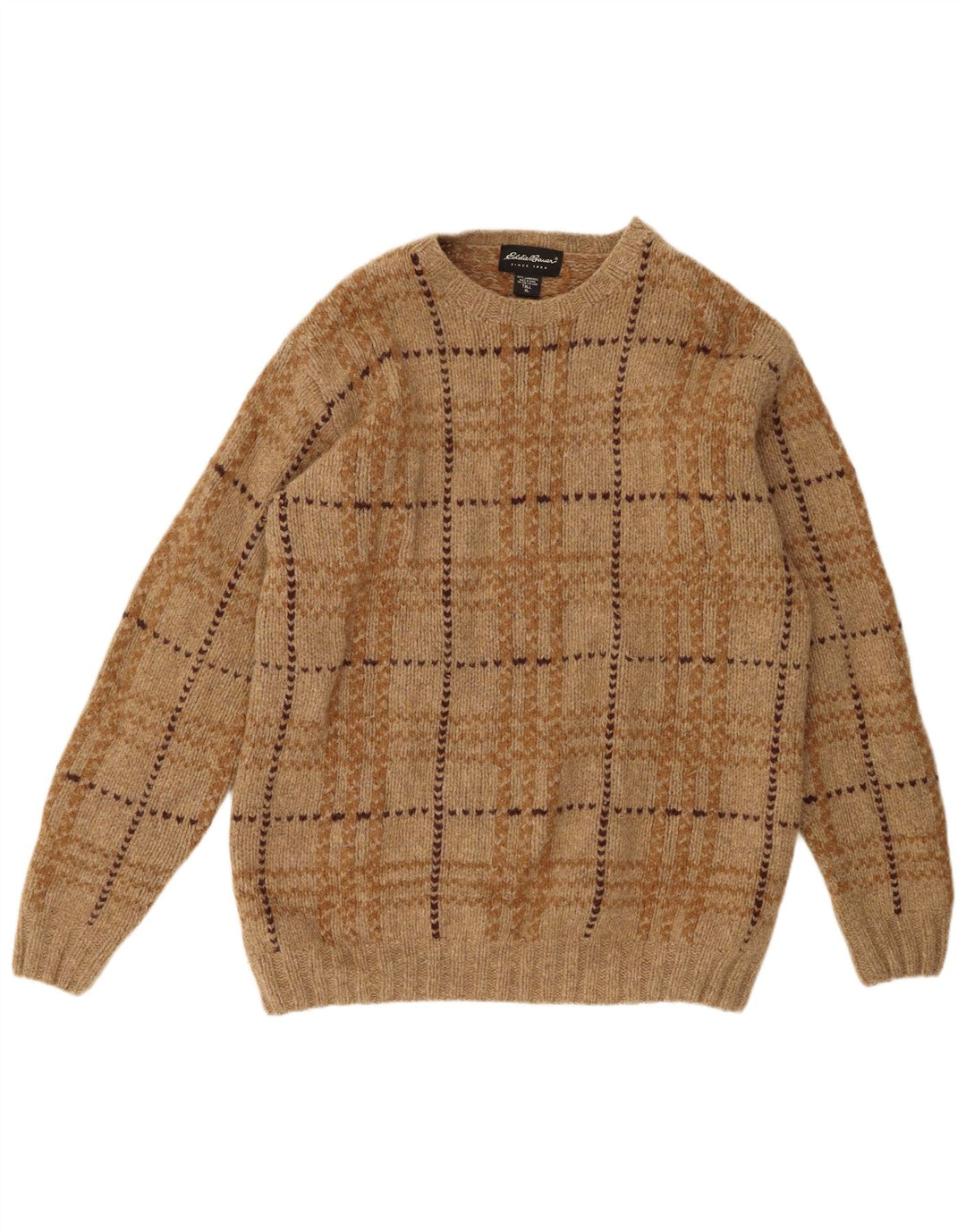 Eddie Bauer Suéter masculino com gola redonda XL marrom xadrez lã de carneiro