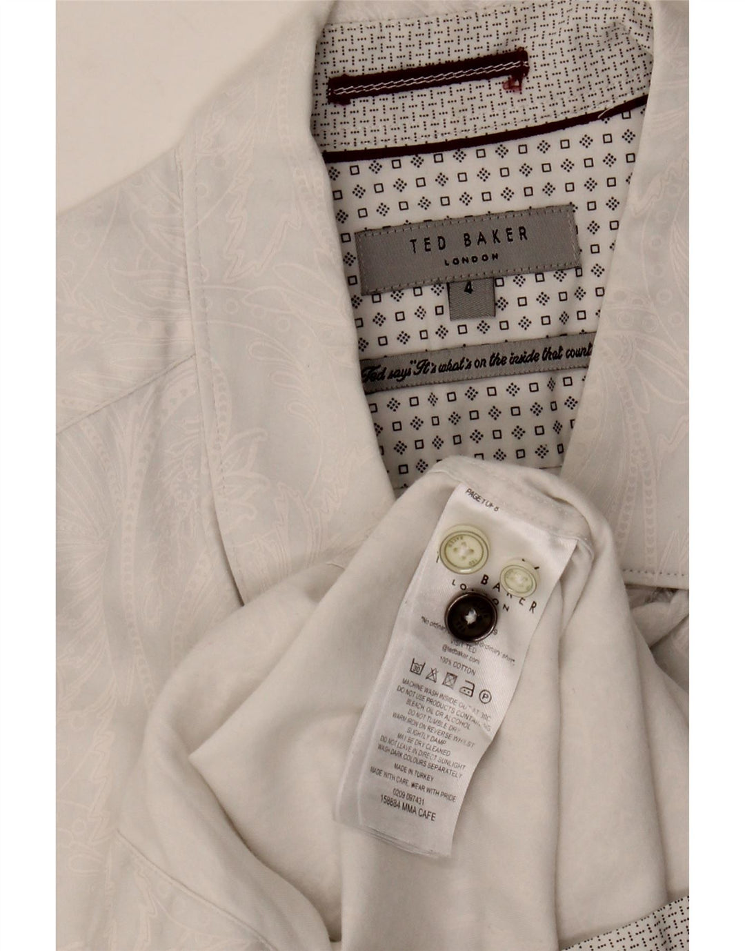 Camisa masculina Ted Baker tamanho 4 grande algodão paisley branco