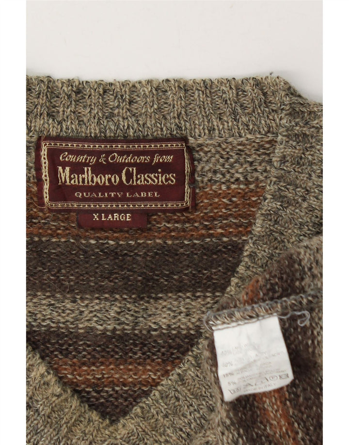 MARLBORO CLASSICS Suéter masculino com decote em V XL lã listrada marrom
