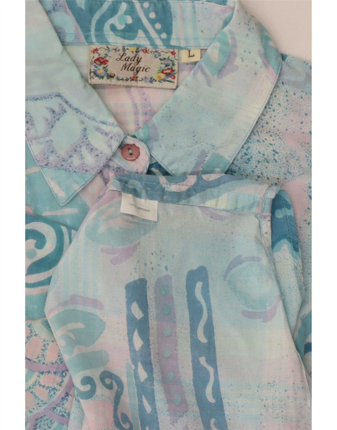Camisa feminina vintage de manga curta UK 14 grande patchwork turquesa retrô