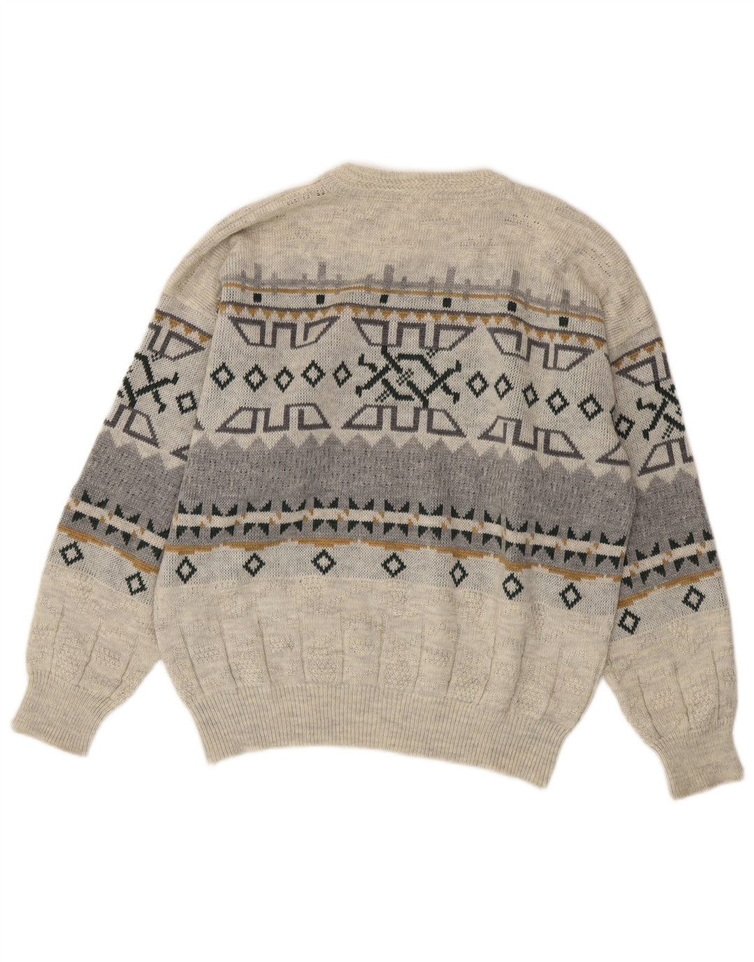 Suéter vintage masculino com gola redonda IT 50 acrílico geométrico cinza médio