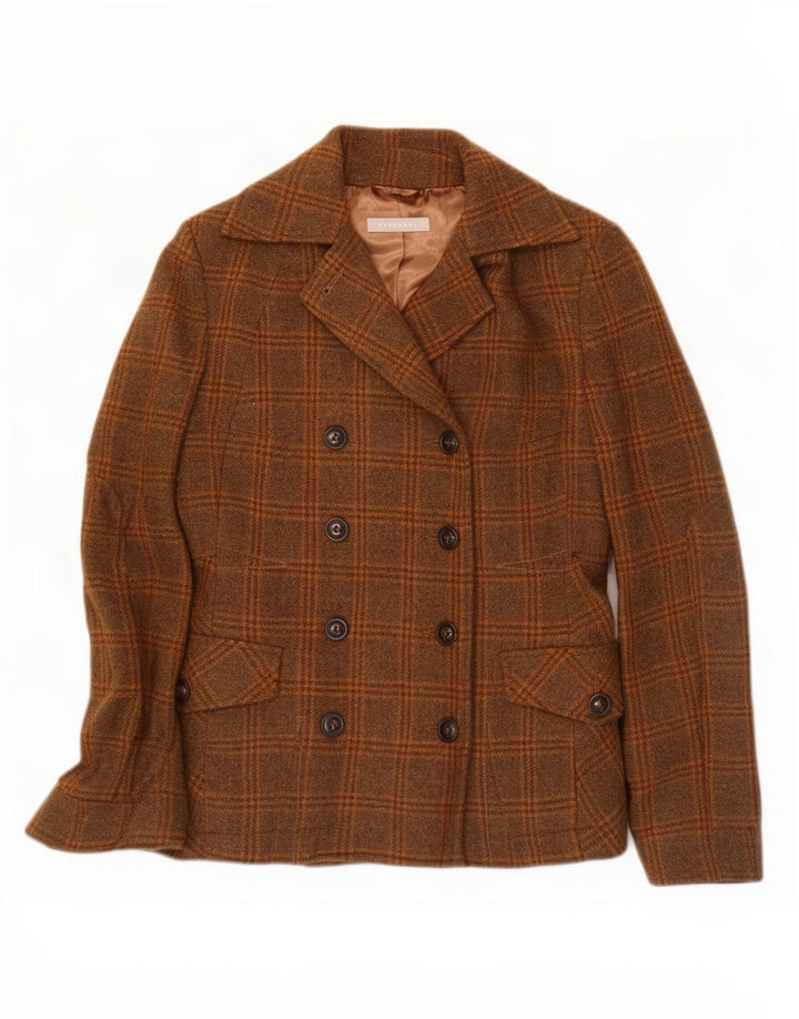 Jaqueta blazer feminina Stefanel com peito duplo Reino Unido 10 pequena lã xadrez marrom