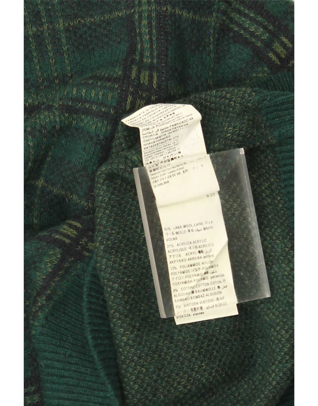Suéter masculino Benetton com gola redonda e lã xadrez verde XL