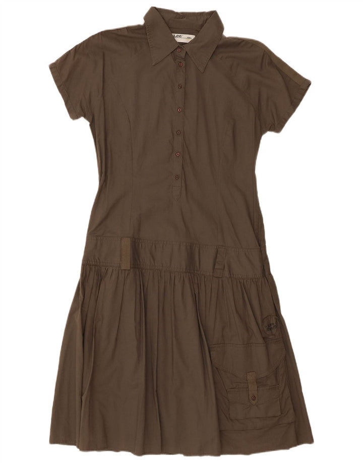 Vestido feminino Lee Cargo A-Line Reino Unido 14 algodão cáqui médio