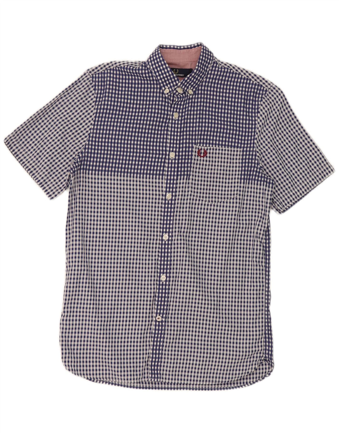 Camisa masculina de manga curta Fred Perry pequena azul xadrez de algodão