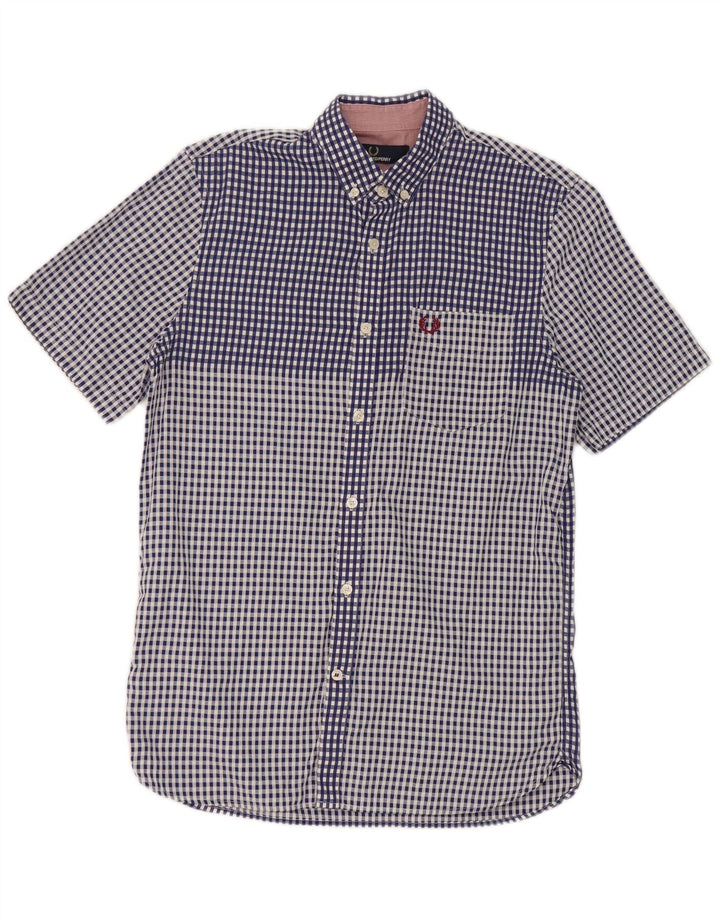 Camisa masculina de manga curta Fred Perry pequena azul xadrez de algodão