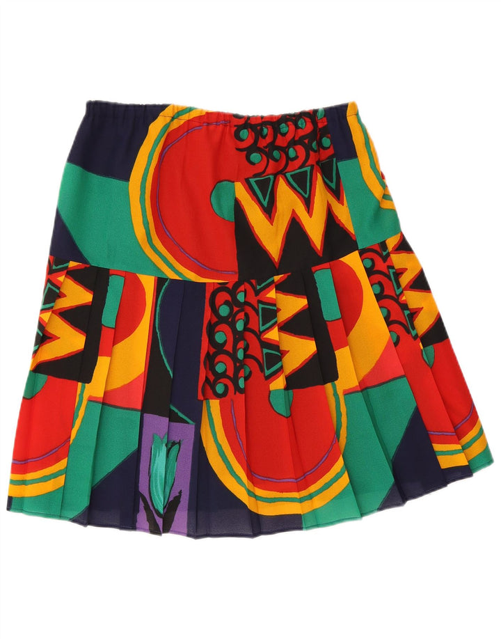 Saia plissada feminina vintage média W30 poliéster geométrico multicolorido