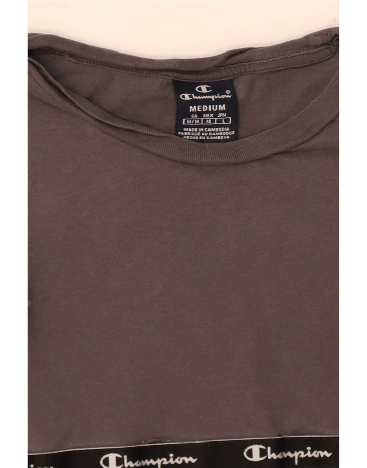 Camiseta feminina estampada Champion UK 14 bloco colorido cinza médio