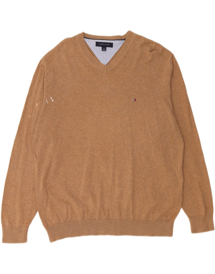 Suéter masculino TOMMY HILFIGER com decote em V grande algodão marrom