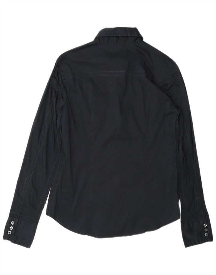 Camisa feminina Benetton UK 10 pequena algodão azul marinho
