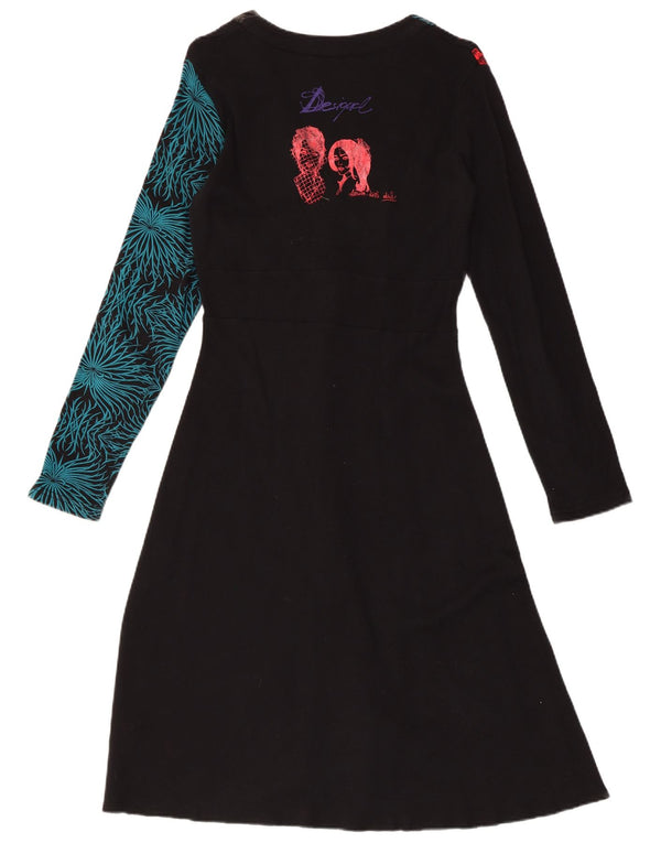 DESIGUAL Vestido feminino estampado de manga comprida evasê UK 18 XL preto floral