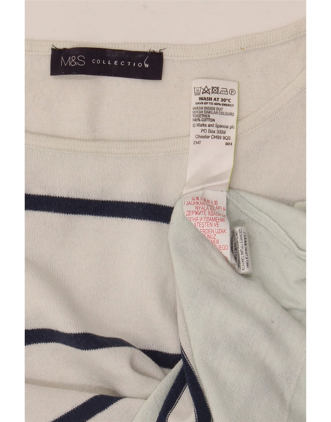 Top feminino Marks & Spencer manga comprida Reino Unido 8 pequeno algodão listrado branco