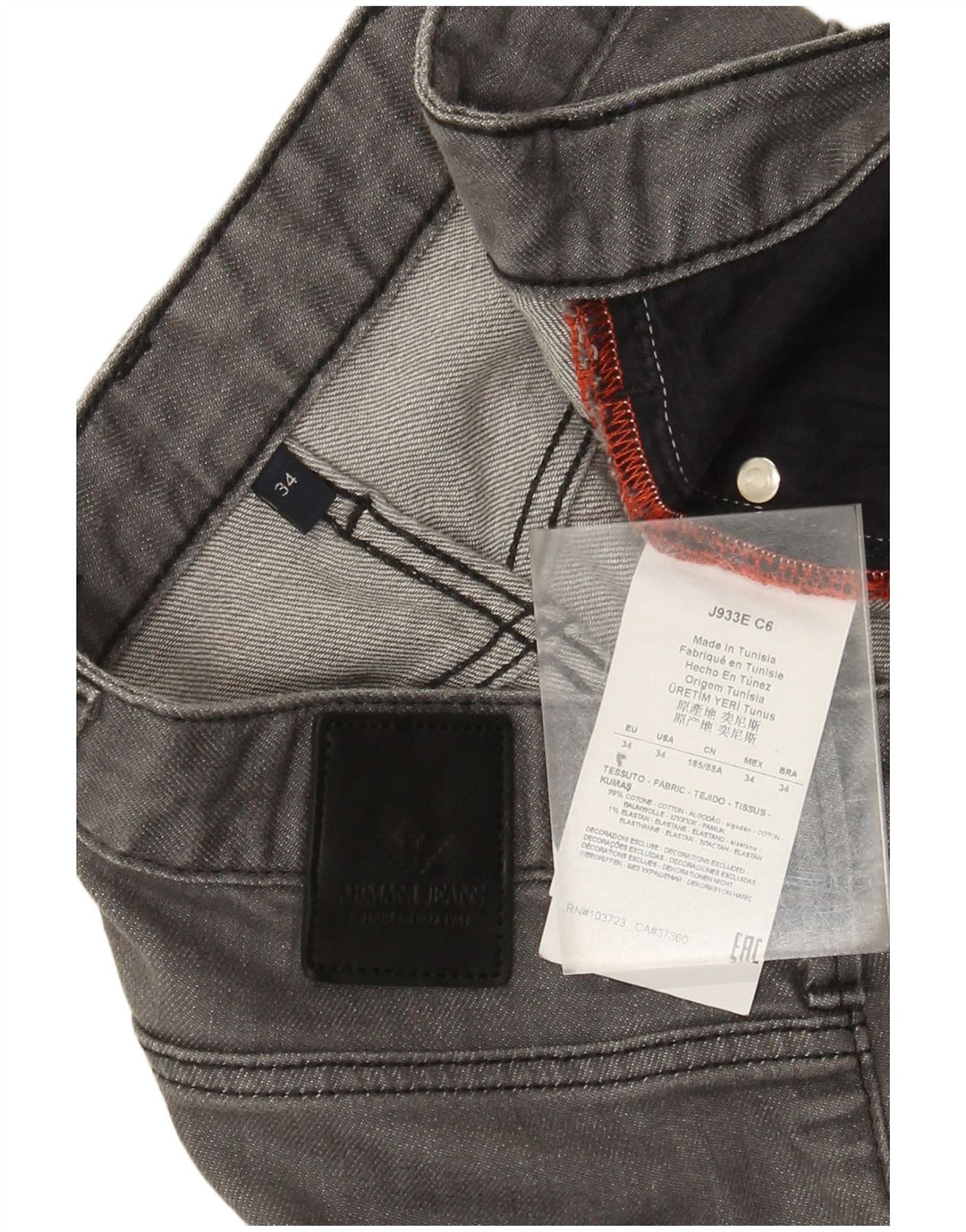 Armani Mens Slim Jeans W34 L32 Cinza Algodão