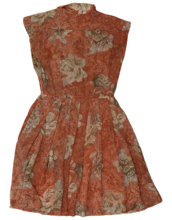 Vestido feminino vintage sem mangas evasê UK 14 médio laranja floral retrô