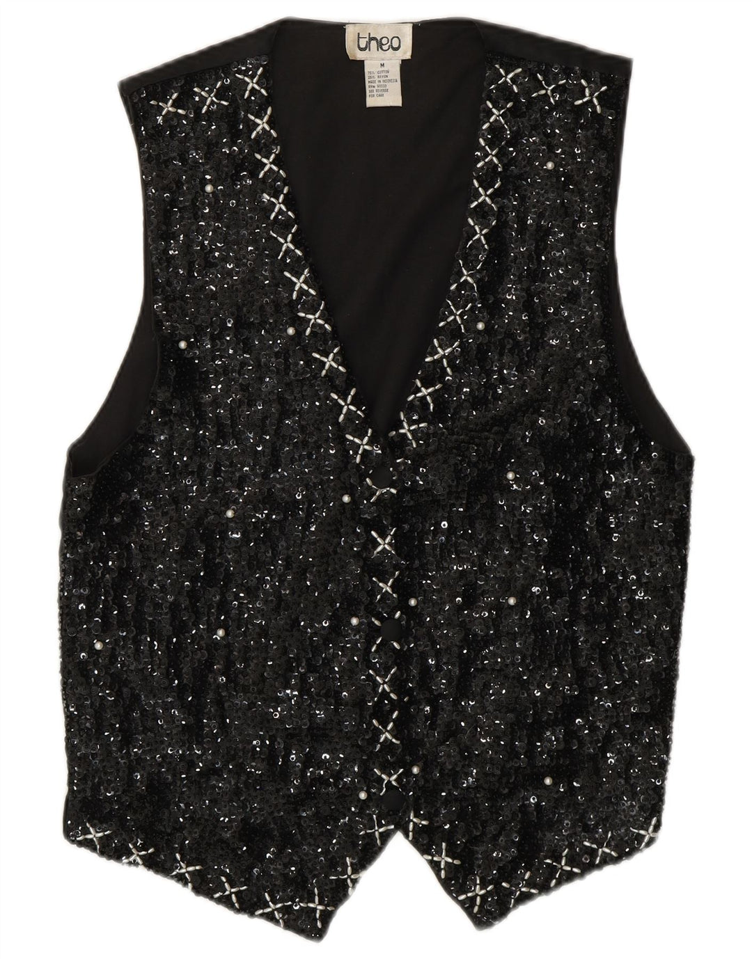 Colete feminino VINTAGE de lantejoulas Reino Unido 14 algodão preto médio anos 80