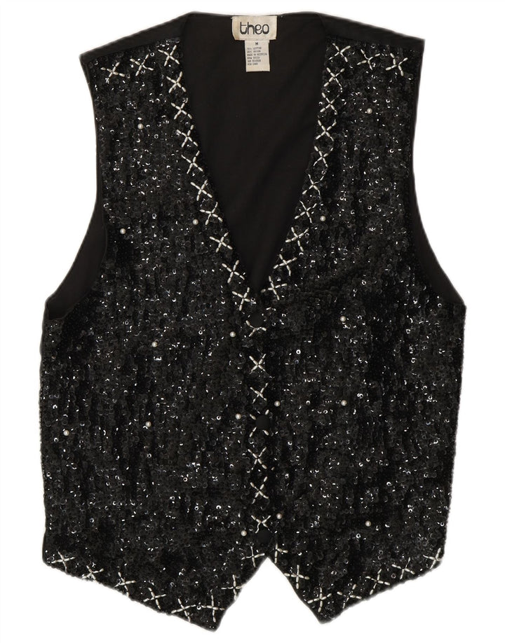 Colete feminino VINTAGE de lantejoulas Reino Unido 14 algodão preto médio anos 80