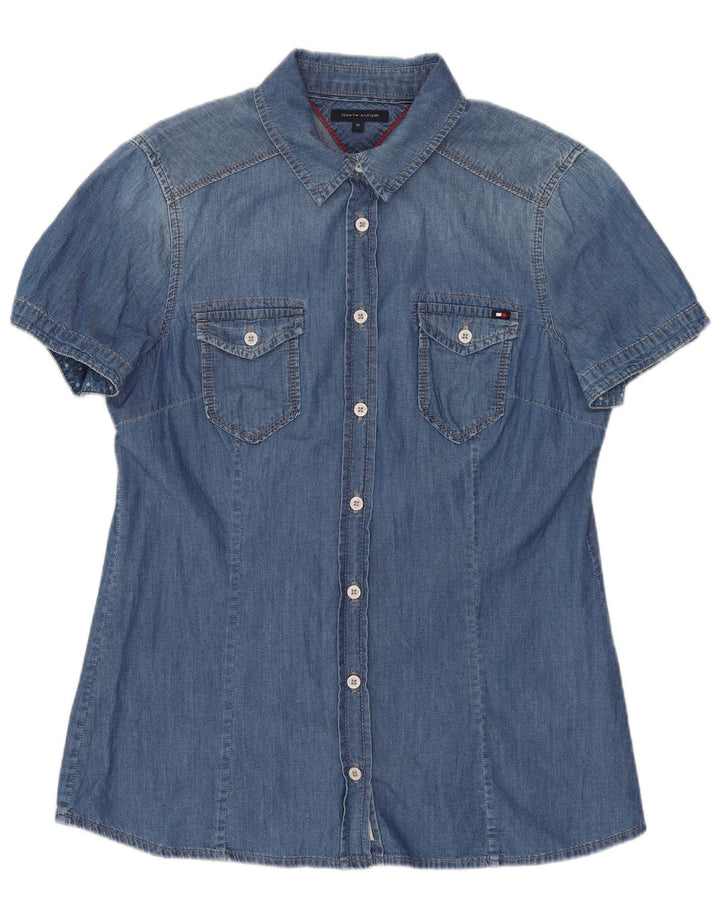 Camisa jeans feminina de manga curta Tommy Hilfiger US 10 grande algodão azul