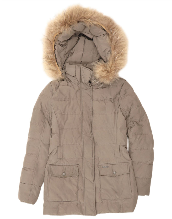 Casaco acolchoado com capuz feminino Woolrich UK 6 XS poliéster cinza inverno
