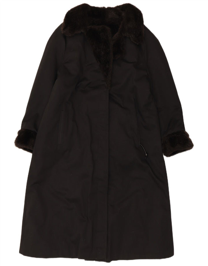 Sobretudo feminino VINTAGE de pele sintética Reino Unido 12 acrílico preto médio