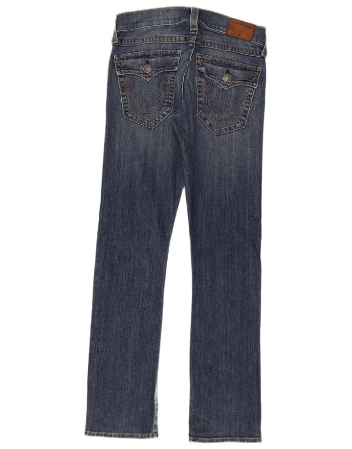 Calça jeans feminina True Religion com ajuste relaxado e reto W29 L33 algodão azul marinho