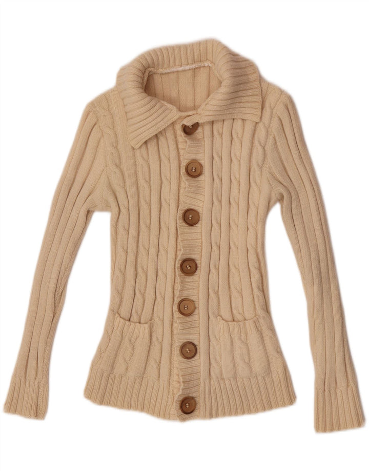 Suéter cardigã feminino vintage Reino Unido 8 pequeno branco