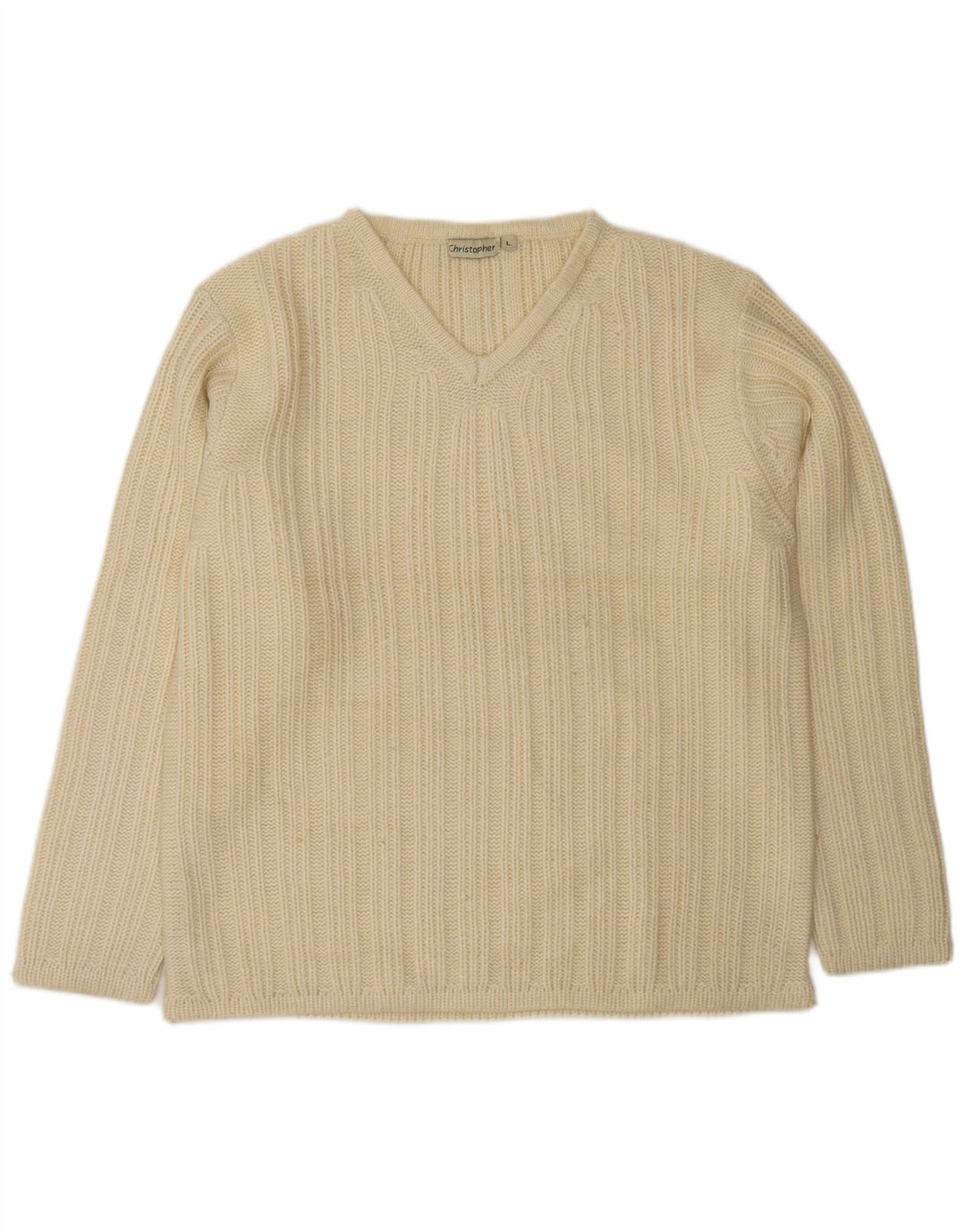 Suéter masculino VINTAGE com decote em V, grande lã branca