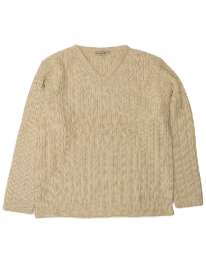 Suéter masculino VINTAGE com decote em V, grande lã branca