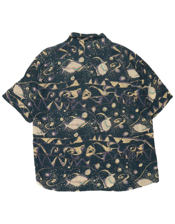 Camisa masculina vintage abstrata padrão manga curta XL azul viscose retrô
