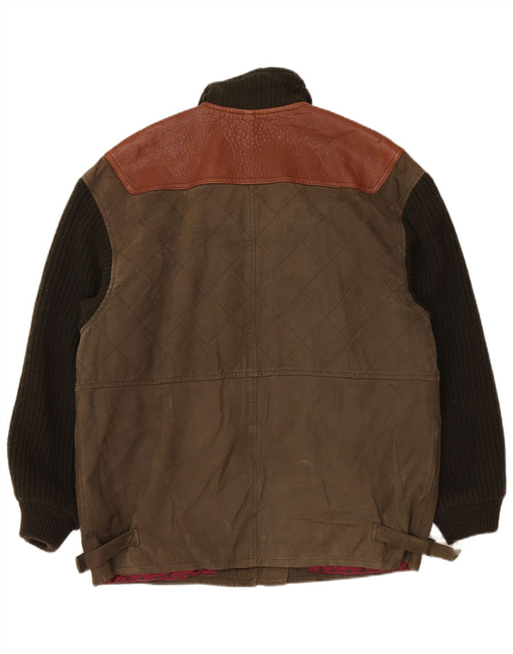 Jaqueta de couro de malha masculina vintage UK 42 XL cáqui Colourblock clássico