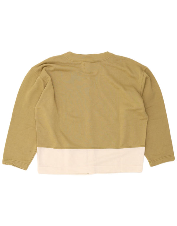 Suéter cardigã feminino vintage grande Reino Unido 14 bloco colorido cáqui médio