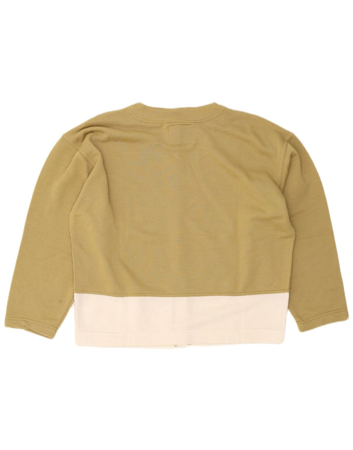 Suéter cardigã feminino vintage grande Reino Unido 14 bloco colorido cáqui médio