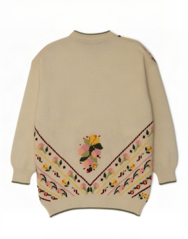Suéter feminino vintage com gola redonda Reino Unido 16 grande branco floral retrô