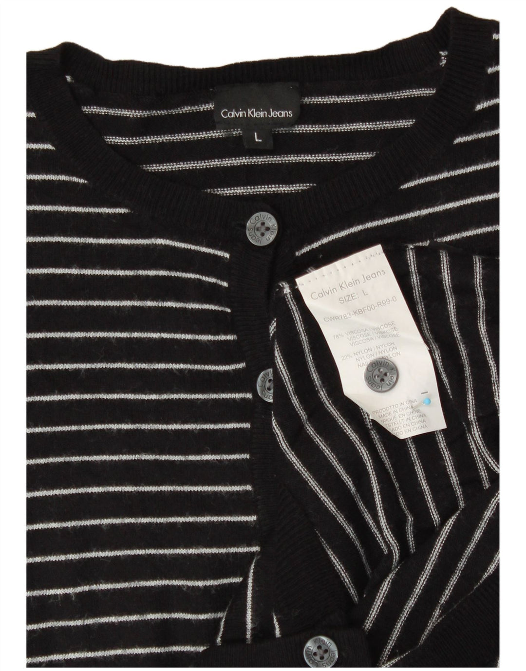 CALVIN KLEIN JEANS Suéter cardigã feminino 11-12 anos grande listrado preto