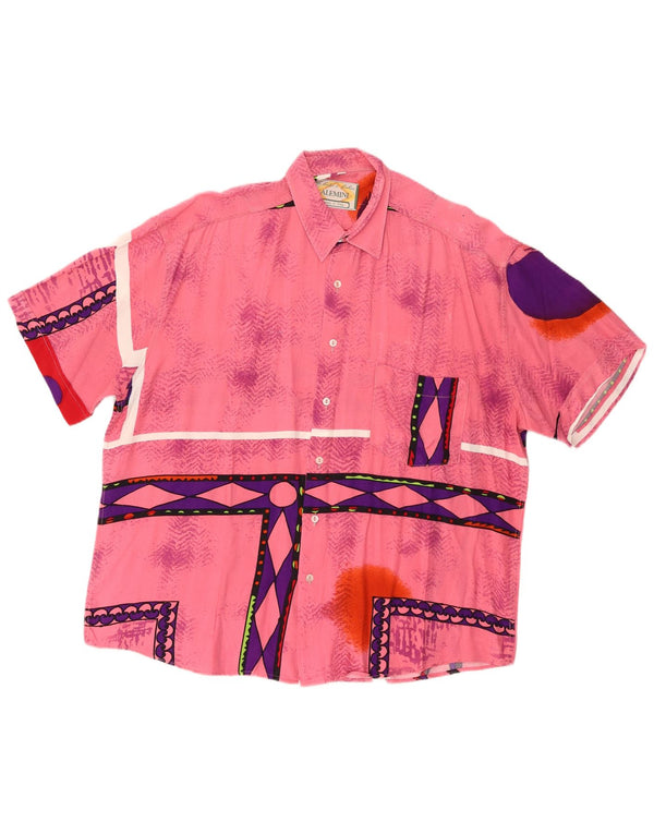 Camisa masculina vintage de manga curta grande rosa viscose geométrica