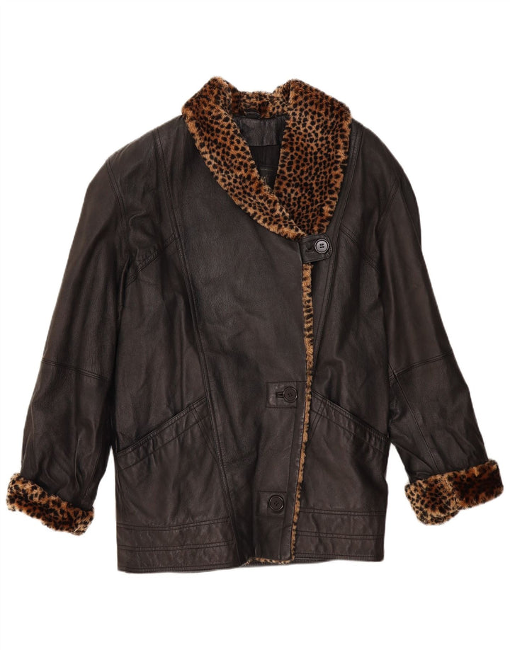 Casaco feminino de couro superdimensionado VINTAGE Reino Unido 10 pequeno preto com estampa animal