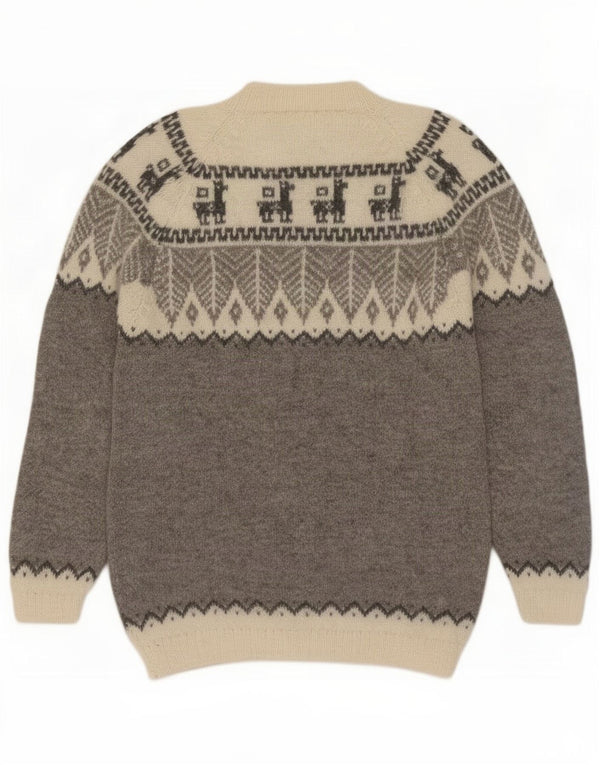 Suéter vintage masculino com gola redonda cinza médio Fair Isle